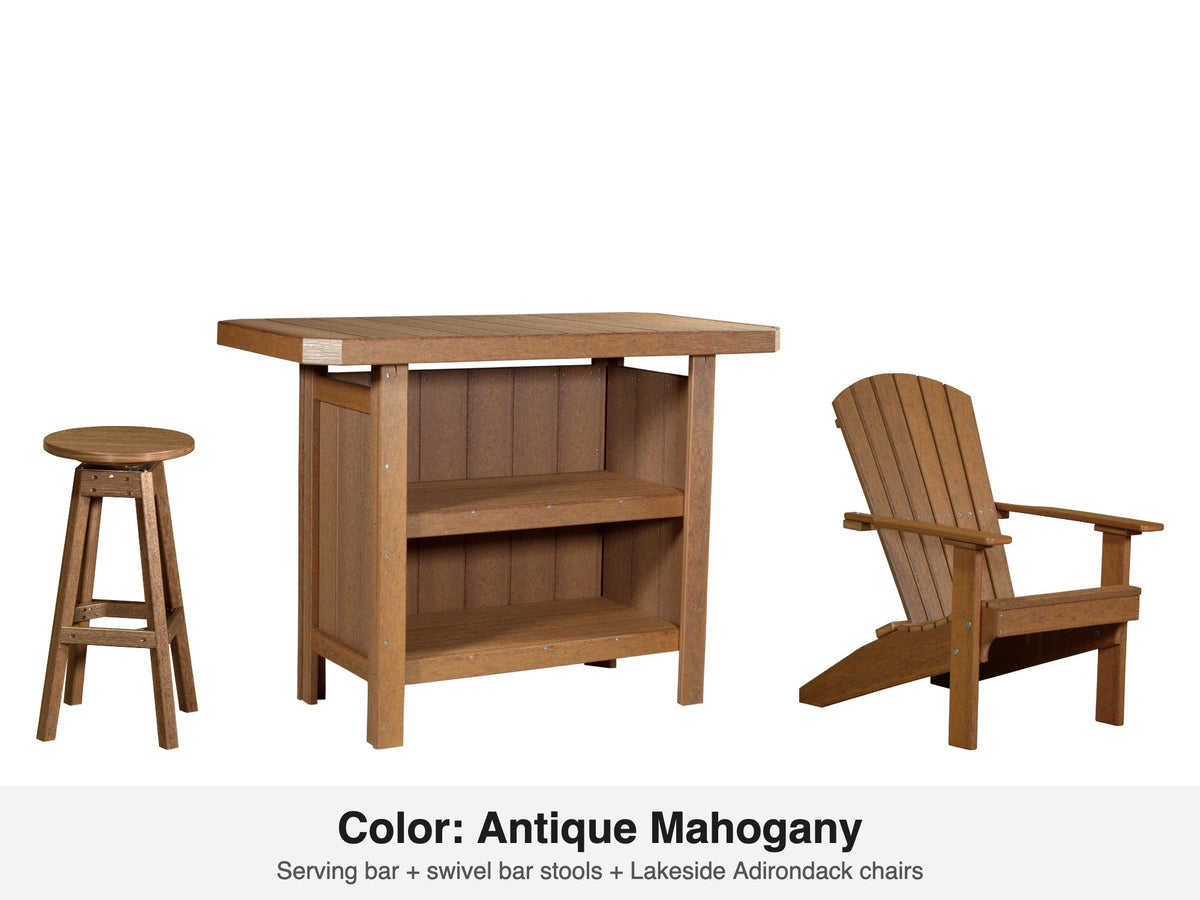 LuxCraft Vida bar set – serving bar, swivel bar stool and Lakeside Adirondack chair in Antique Mahogany