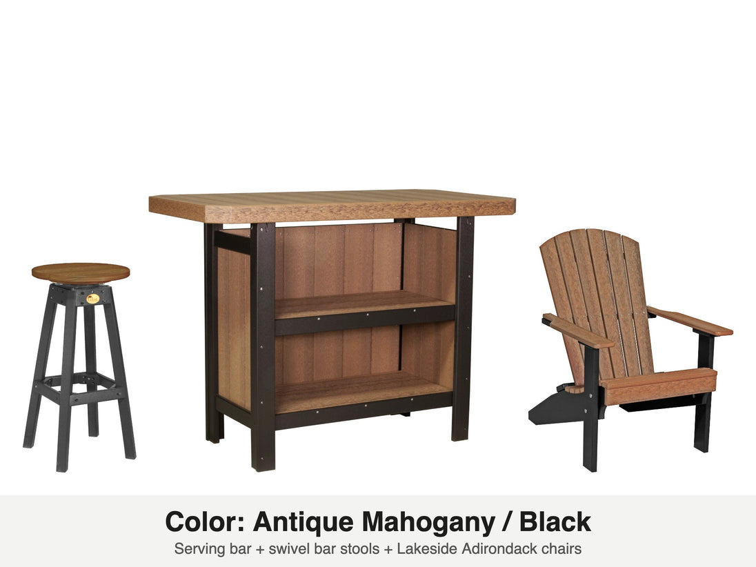LuxCraft Vida bar set – serving bar, swivel bar stool and Lakeside Adirondack chair in Antique Mahogany and Black