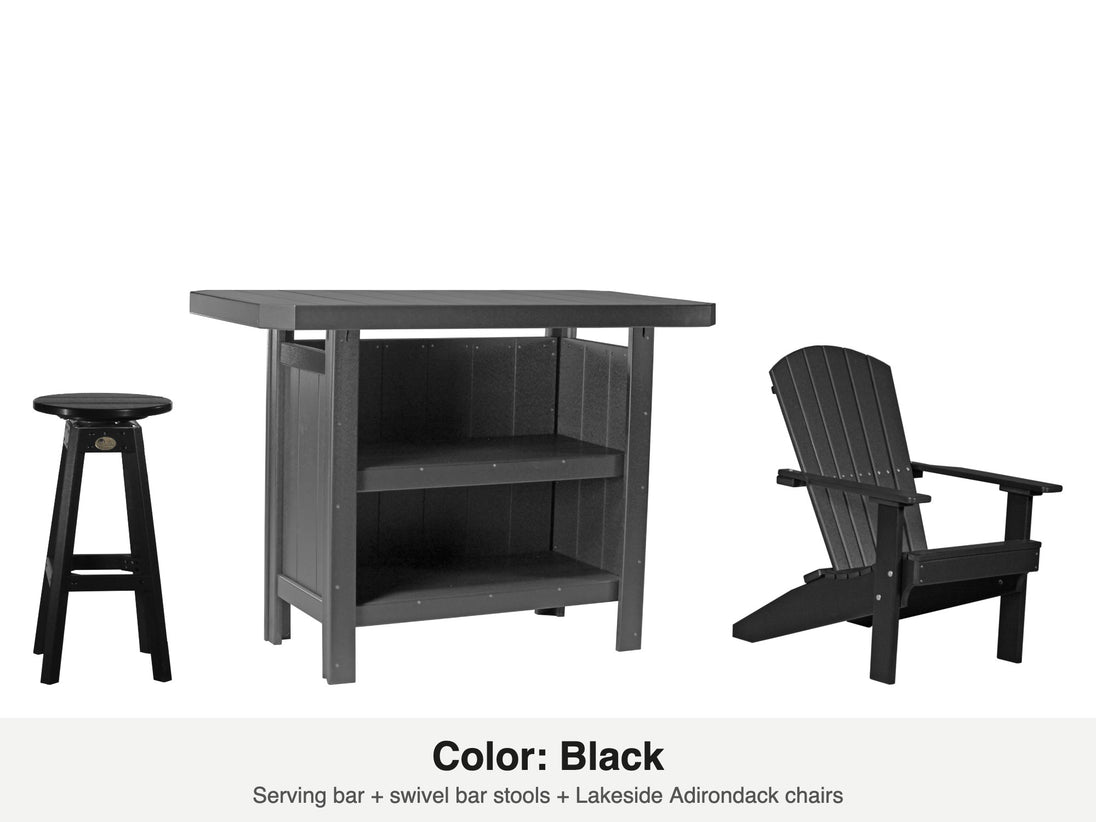 LuxCraft Vida bar set – serving bar, swivel bar stool and Lakeside Adirondack chair in Black