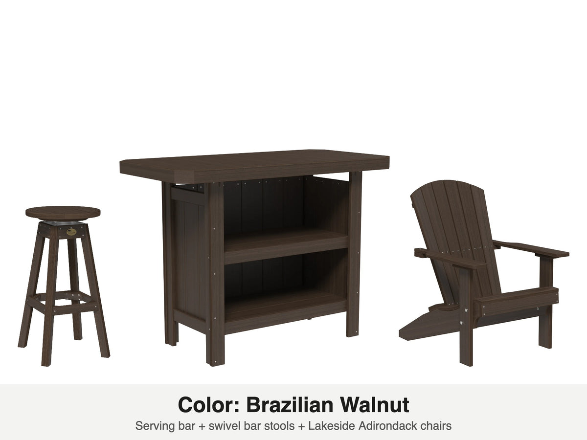 LuxCraft Vida bar set – serving bar, swivel bar stool and Lakeside Adirondack chair in Brazilian Walnut