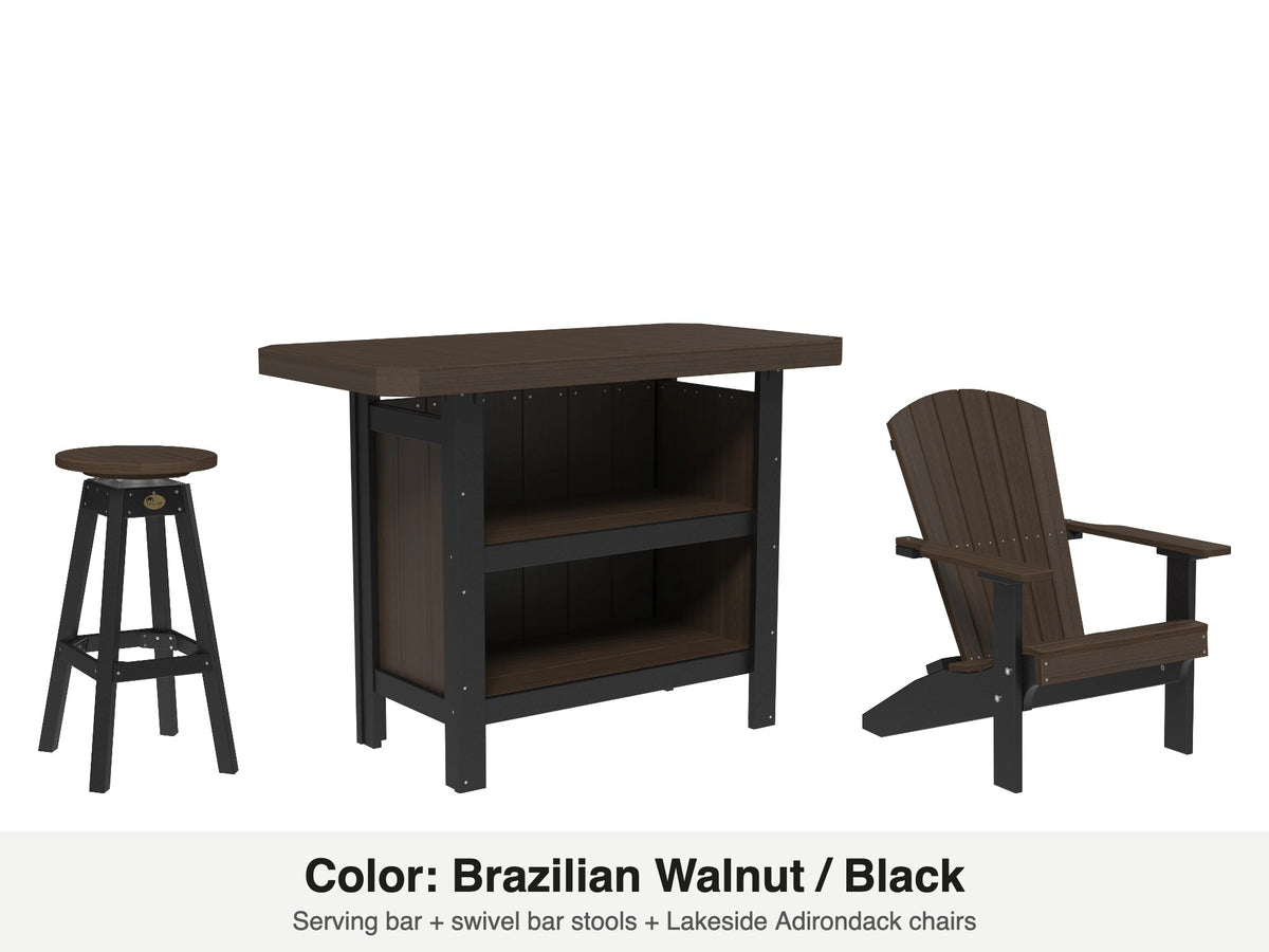 LuxCraft Vida bar set – serving bar, swivel bar stool and Lakeside Adirondack chair in Brazilian Walnut and Black