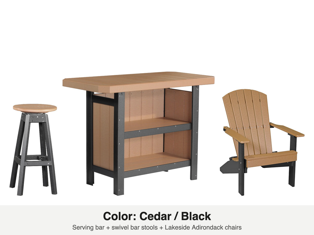 LuxCraft Vida bar set – serving bar, swivel bar stool and Lakeside Adirondack chair in Cedar and Black