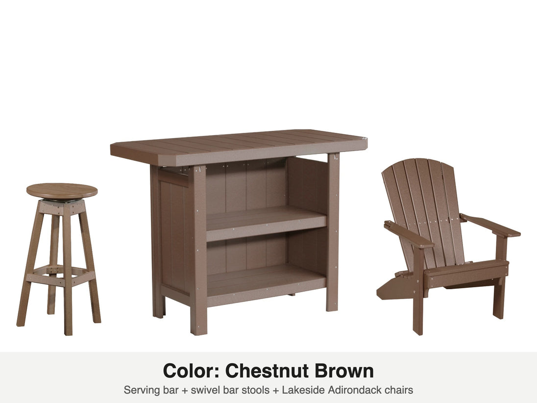LuxCraft Vida bar set – serving bar, swivel bar stool and Lakeside Adirondack chair in Chestnut Brown
