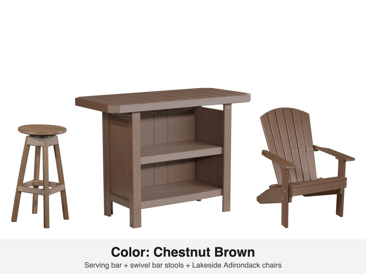 LuxCraft Vida bar set – serving bar, swivel bar stool and Lakeside Adirondack chair in Chestnut Brown