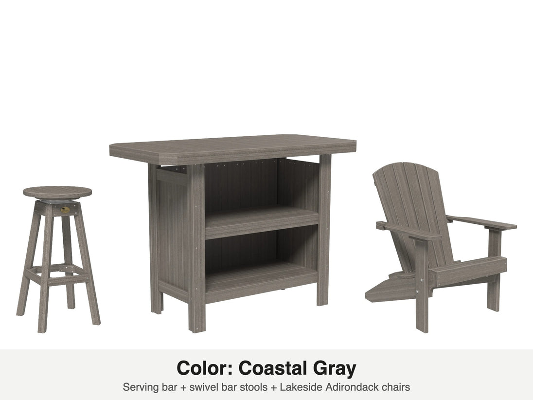 LuxCraft Vida bar set – serving bar, swivel bar stool and Lakeside Adirondack chair in Coastal Gray