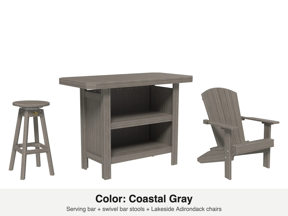 LuxCraft Vida bar set – serving bar, swivel bar stool and Lakeside Adirondack chair in Coastal Gray