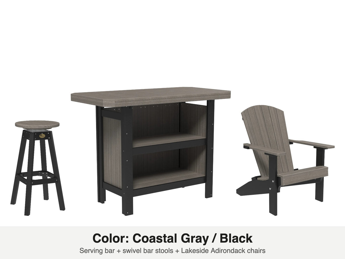LuxCraft Vida bar set – serving bar, swivel bar stool and Lakeside Adirondack chair in Coastal Gray and Black