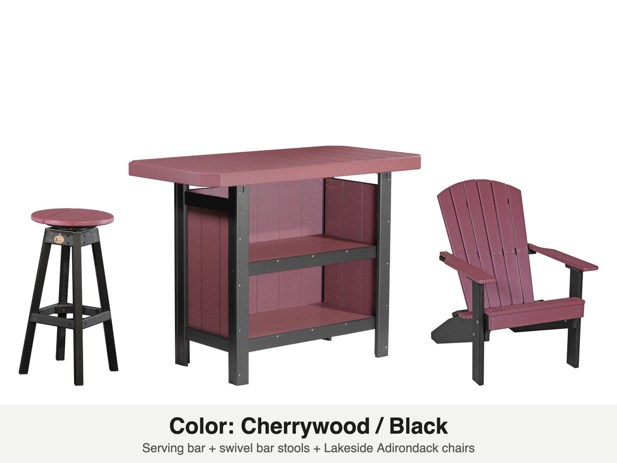 LuxCraft Vida bar set – serving bar, swivel bar stool and Lakeside Adirondack chair in Cherrywood and Black