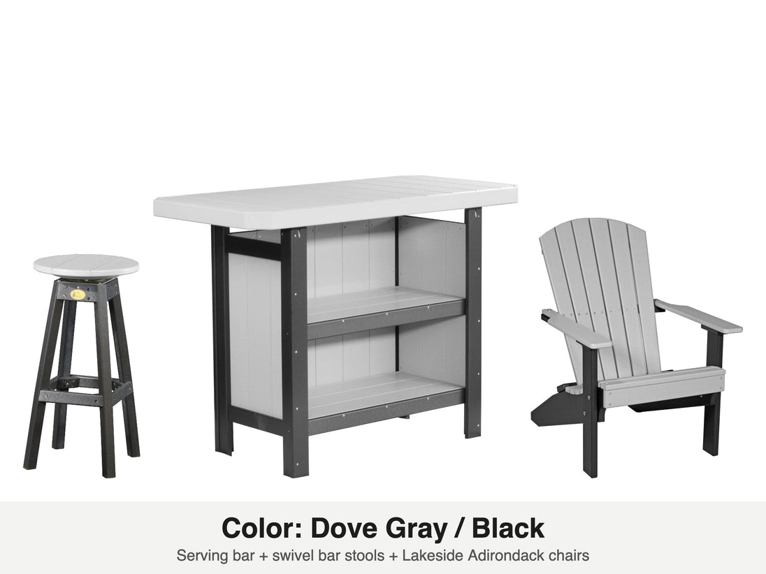 LuxCraft Vida bar set – serving bar, swivel bar stool and Lakeside Adirondack chair in Dove Gray and Black