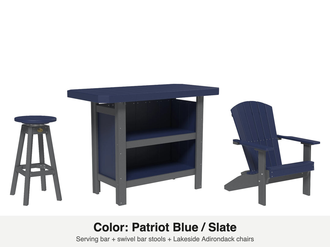 LuxCraft Vida bar set – serving bar, swivel bar stool and Lakeside Adirondack chair in Patriot Blue and Slate