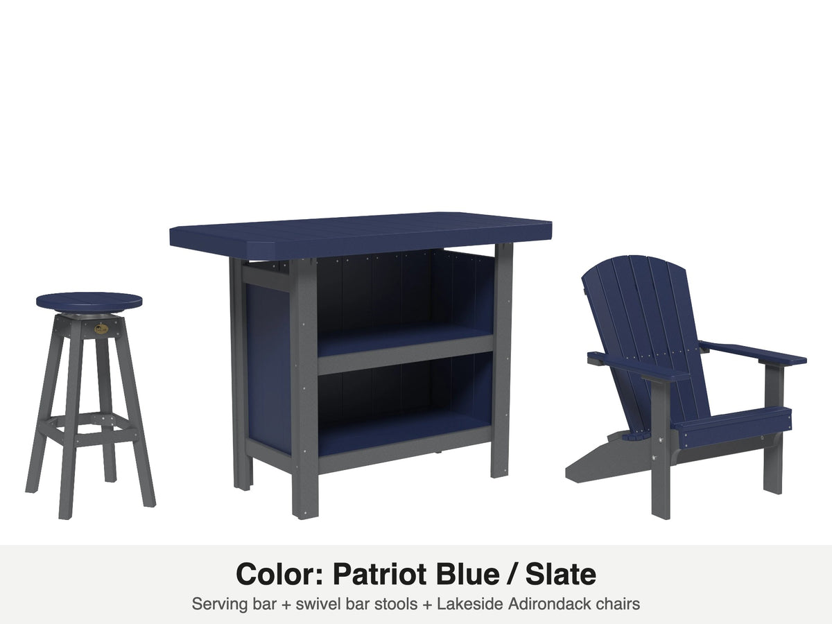 LuxCraft Vida bar set – serving bar, swivel bar stool and Lakeside Adirondack chair in Patriot Blue and Slate