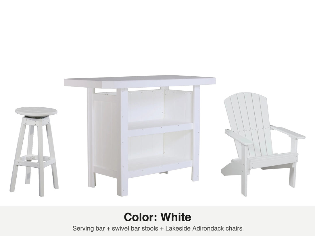 LuxCraft Vida bar set – serving bar, swivel bar stool and Lakeside Adirondack chair in White