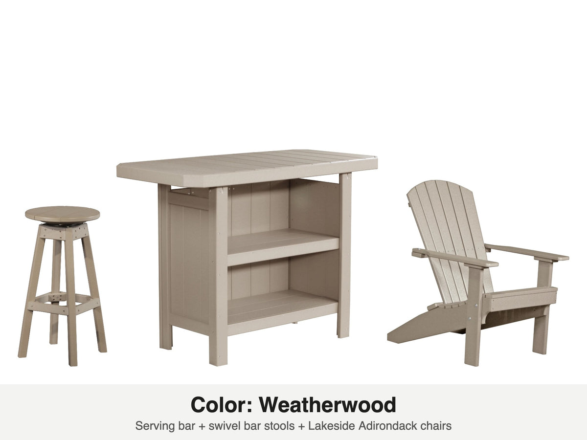 LuxCraft Vida bar set – serving bar, swivel bar stool and Lakeside Adirondack chair in Weatherwood