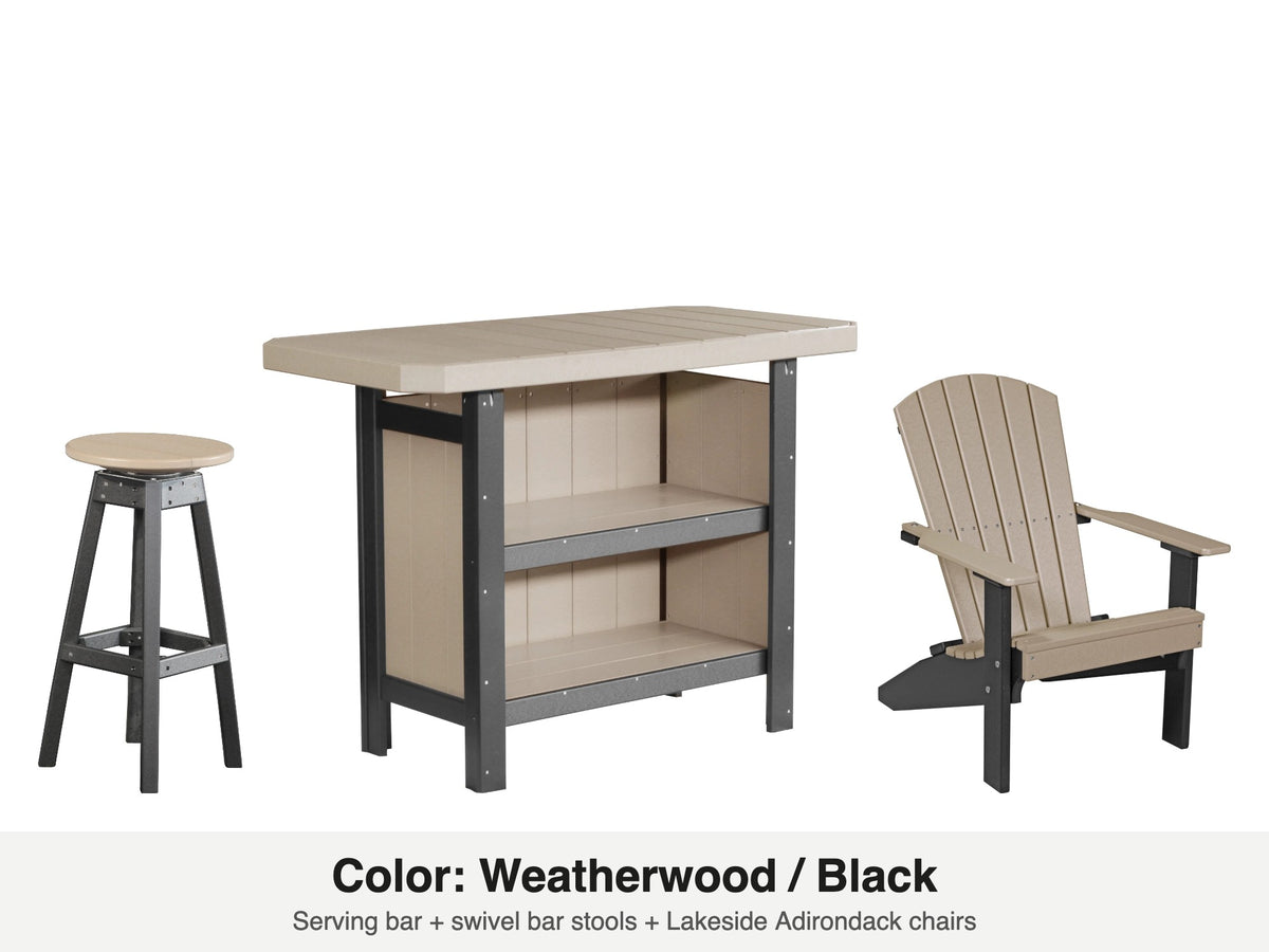 LuxCraft Vida bar set – serving bar, swivel bar stool and Lakeside Adirondack chair in Weatherwood and Black