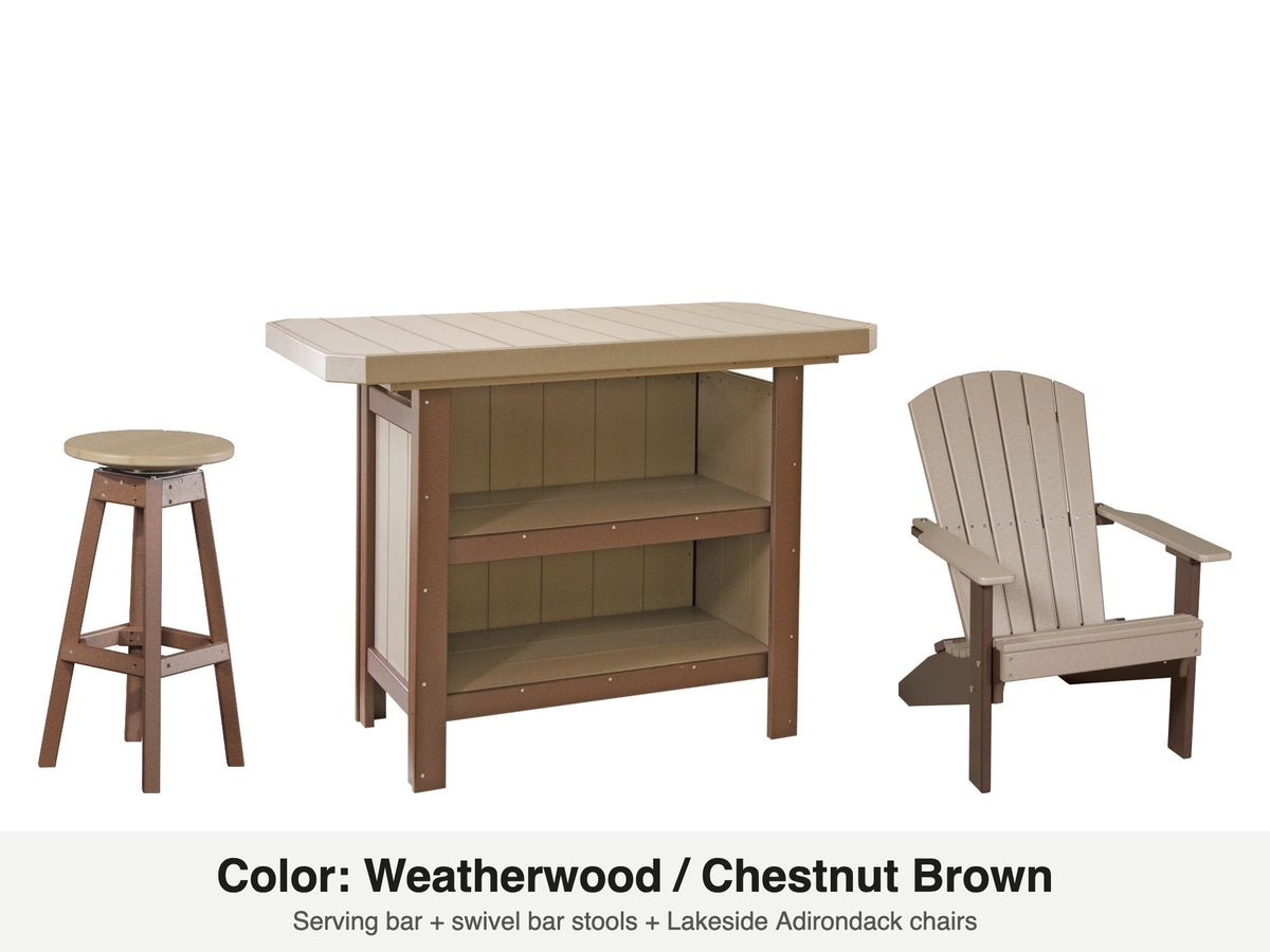 LuxCraft Vida bar set – serving bar, swivel bar stool and Lakeside Adirondack chair in Weatherwood and Chestnut Brown