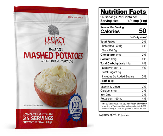 Legacy Food Storage Legacy Essentials Assorted Vegetable Pack mashed potatoes nutrition facts label