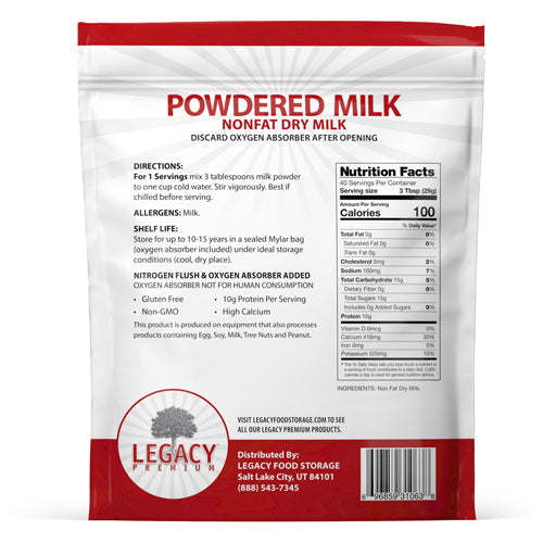 Legacy Food Storage 40 Serving Powdered Milk Pouch - 6 pack pouch packaging back view with instructions