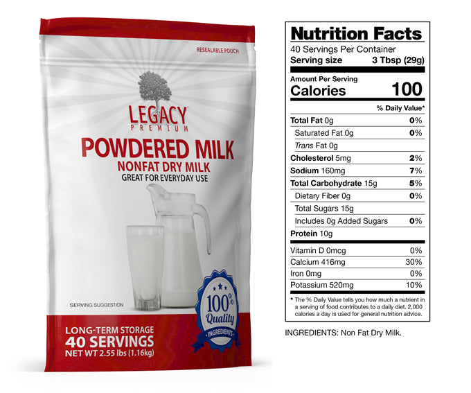 Legacy Food Storage 40 Serving Powdered Milk Pouch - 6 pack nutrition facts label