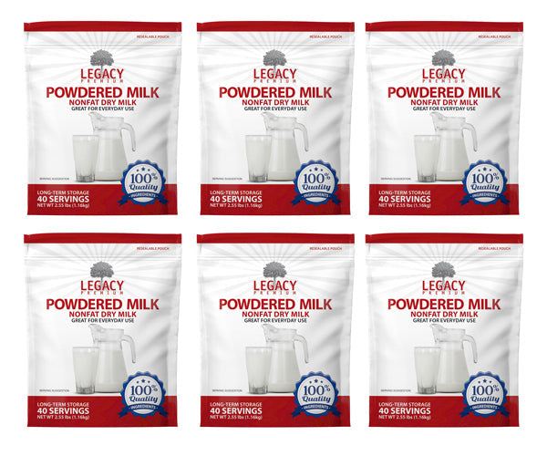 Legacy Food Storage 40 Serving Powdered Milk Pouch - 6 pack showing all six pouches together
