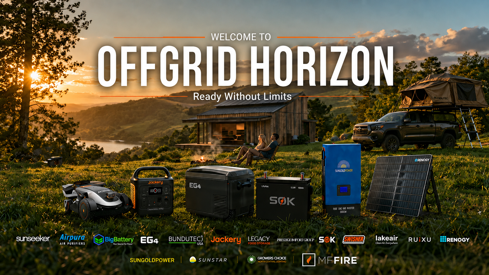 OffGrid Horizon — Ready Without Limits. Off-grid cabin at sunset with a robot mower, Jackery portable power station, EG4 12V fridge freezer, SOK LiFePO4 battery, SungoldPower 3000W pure sine wave inverter, Renogy folding solar panel and a Bundutec rooftop tent.