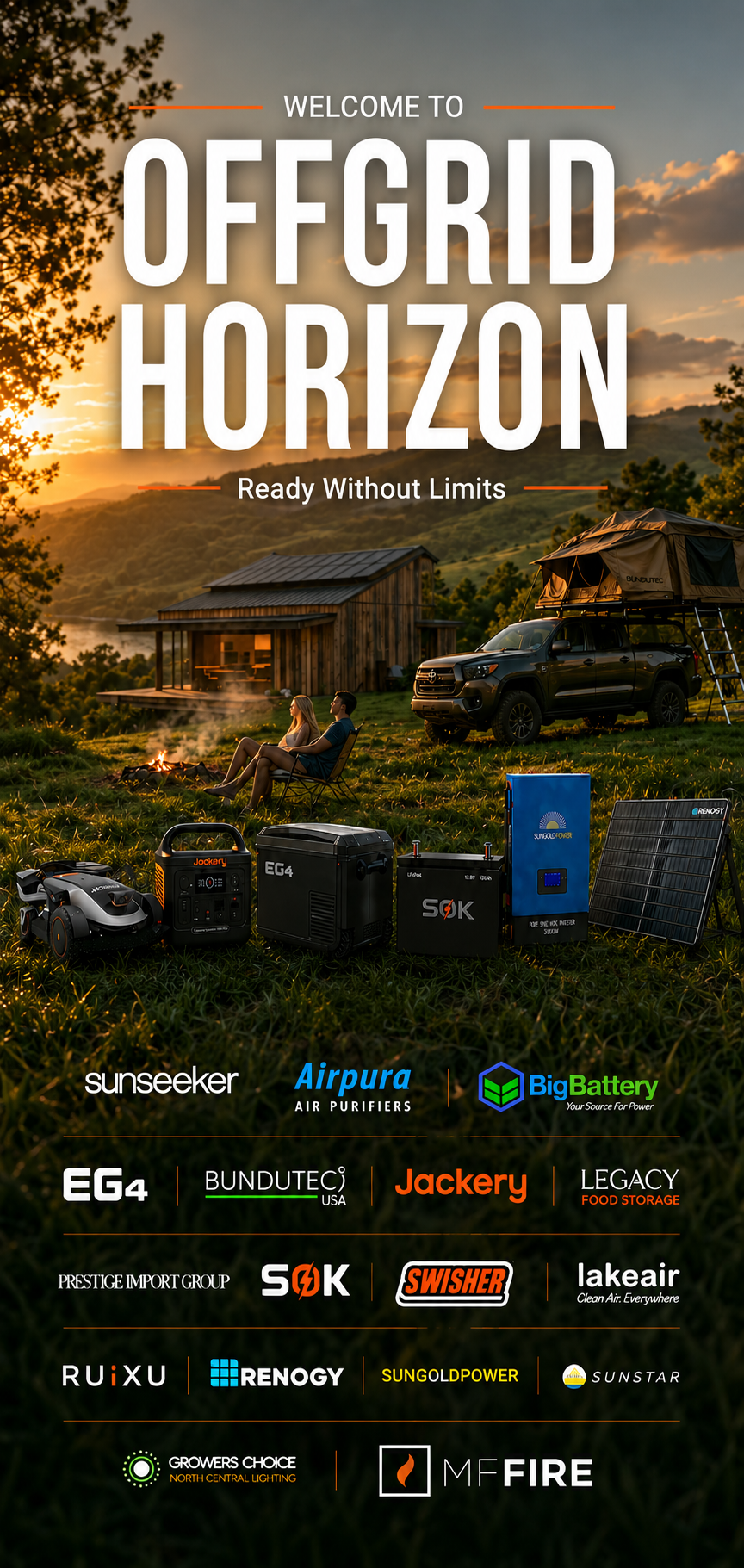 OffGrid Horizon — Ready Without Limits. Off-grid cabin at sunset with a robot mower, Jackery portable power station, EG4 12V fridge freezer, SOK LiFePO4 battery, SungoldPower 3000W pure sine wave inverter, Renogy folding solar panel and a Bundutec rooftop tent.