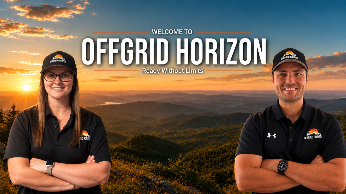 Welcome to OffGrid Horizon - Ready Without Limits. The family owners in OffGrid Horizon hats and shirts in front of a mountain sunset