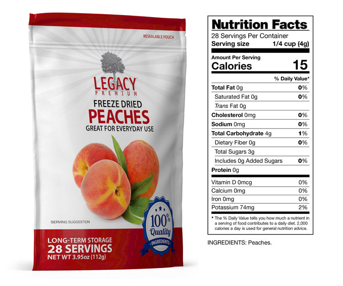 Legacy Food Storage Legacy Essentials Assorted Freeze-Dried Fruit peach slices nutrition facts label