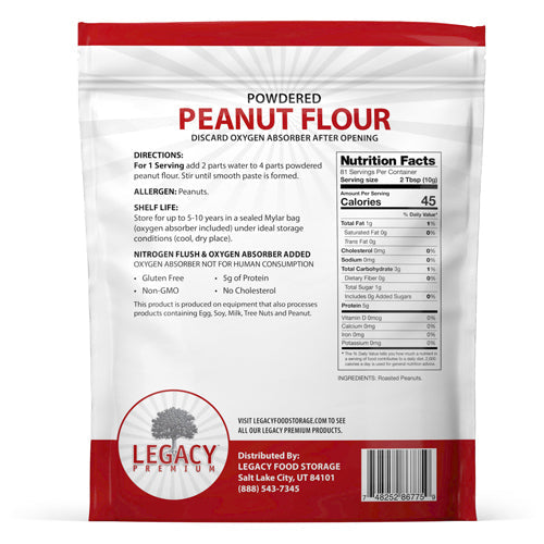 Legacy Food Storage 81 Serving Powdered Peanut Butter Pouch - 6 pack pouch back packaging with instructions
