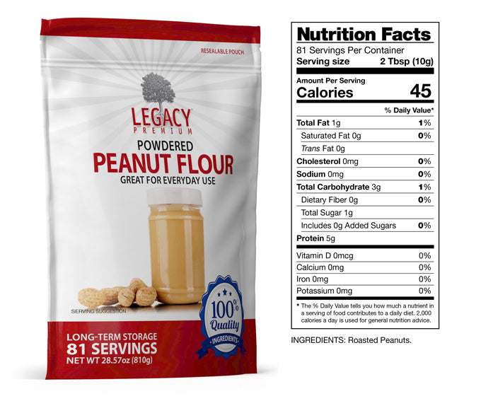 Legacy Food Storage 81 Serving Powdered Peanut Butter Pouch - 6 pack nutrition facts label