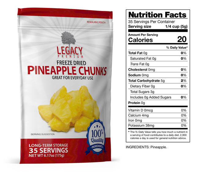 Legacy Food Storage Legacy Essentials Assorted Freeze-Dried Fruit pineapple slices nutrition facts label