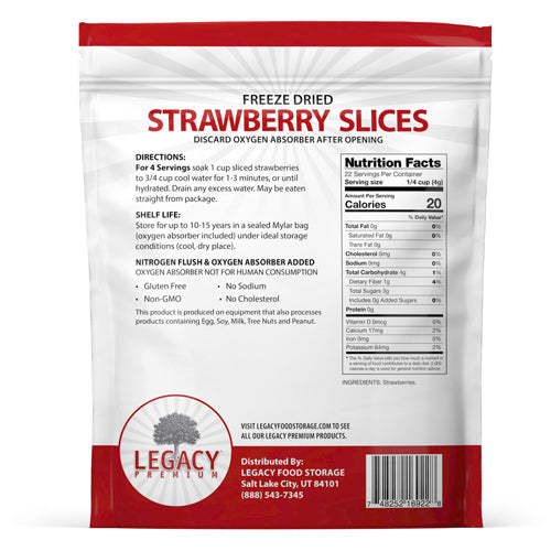 Legacy Food Storage 22 Serving Freeze-Dried Strawberries Pouch - 6 pack pouch packaging back view
