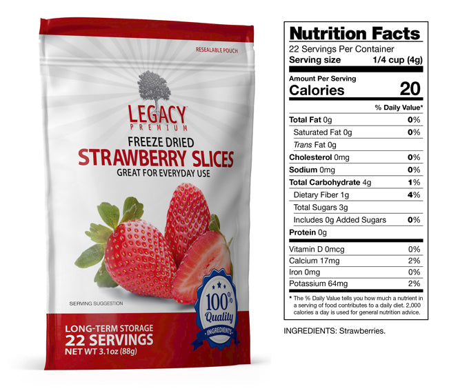 Legacy Food Storage 22 Serving Freeze-Dried Strawberries Pouch - 6 pack nutrition facts label