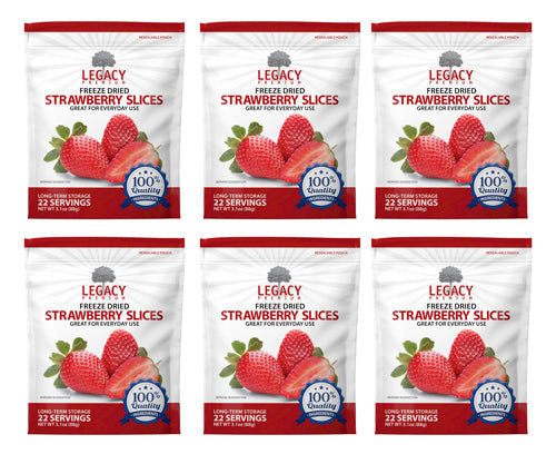 Legacy Food Storage 22 Serving Freeze-Dried Strawberries Pouch - 6 pack showing all six pouches together