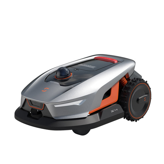 Sunseeker X4 robot lawn mower, front three-quarter studio view