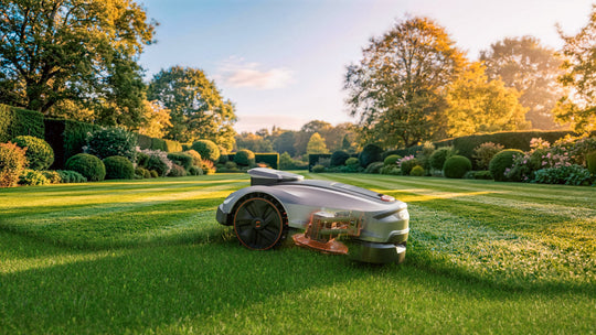 Sunseeker X5 Gen2 robot lawn mower mowing a lawn at golden hour