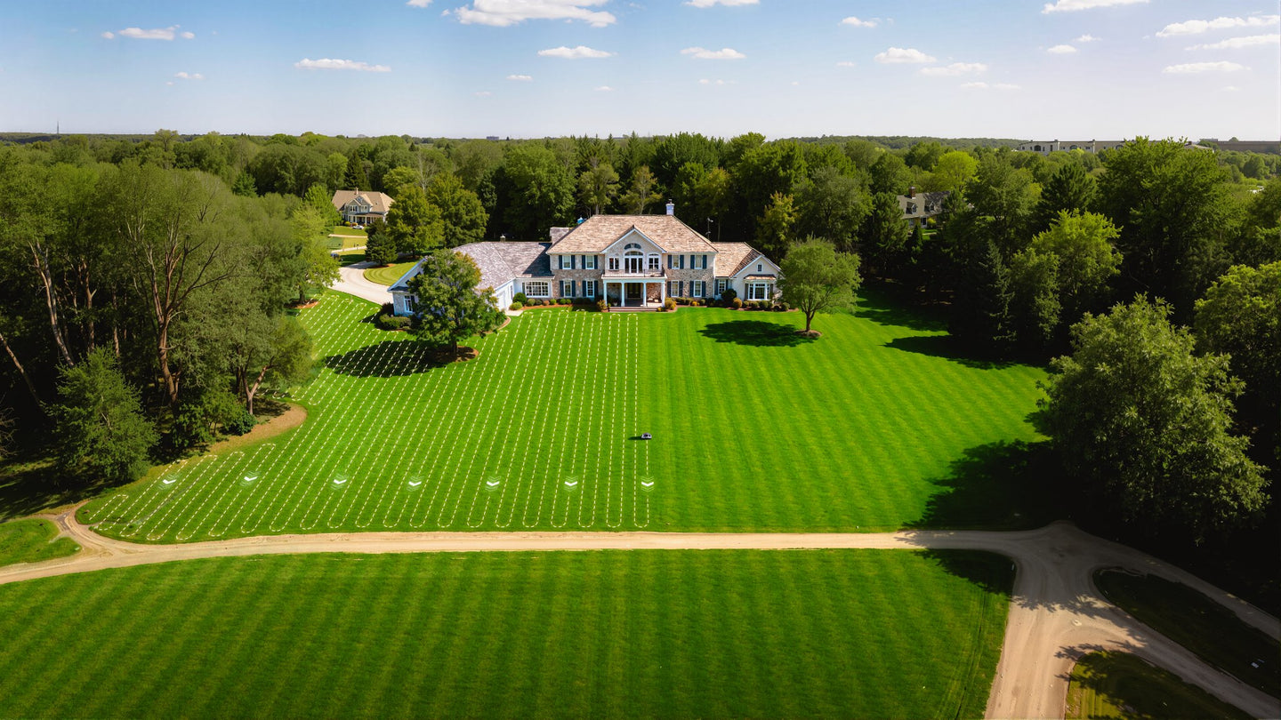 Aerial view of a large lawn cut in stripes by the Sunseeker X7 Gen2