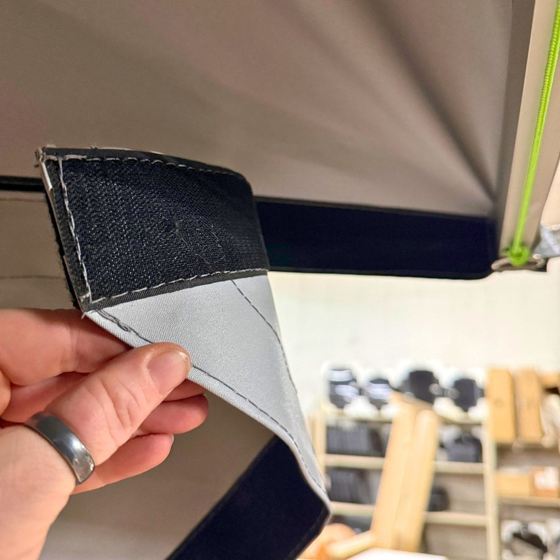 Triangle panel velcro attachment to awning edge